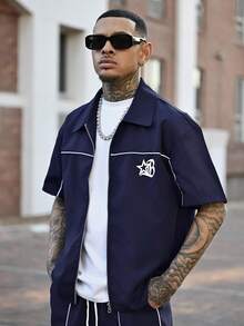 Devon Thys Set bărbătesc cu cămașă și pantaloni scurți, cu mânecă scurtă și imprimeu cu dungi laterale și stele - Albastru marin - Vizualizare 6
