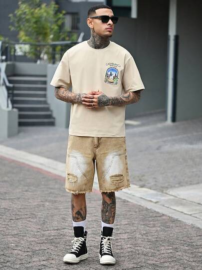 Devon Thys 男式侧袋做旧流苏休闲牛仔短裤