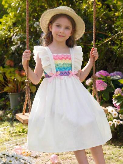 Elladie kids 2026 New Arrival Girls White Dress, Soft & Comfortable Woven Fabric With Digital Printed Fuzzy Pattern, Floral Lace Trim, Colorful Bow Decor, Cute Summer Outfit
