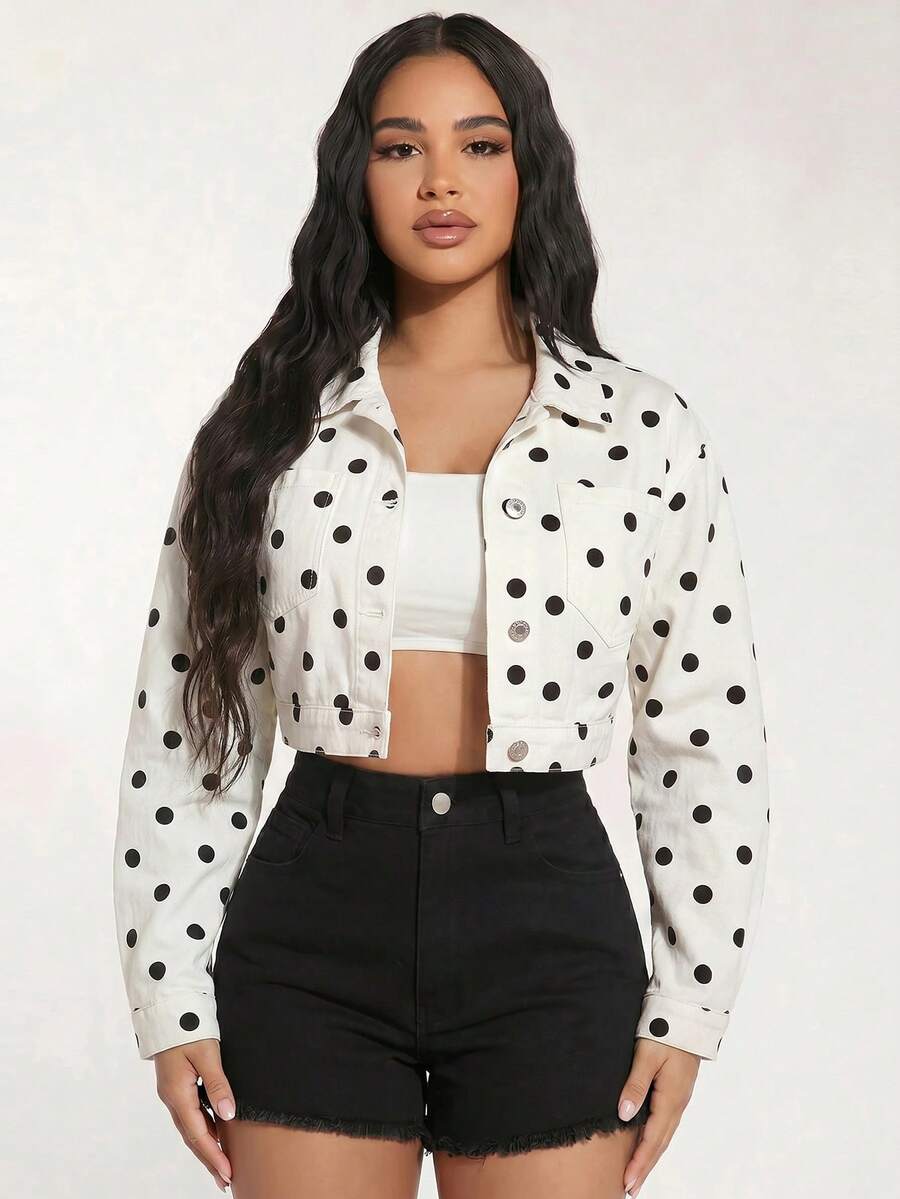 SHEIN PETITE Áo khoác denim nữ dài tay họa tiết chấm bi, kiểu dáng thường ngày, cài một hàng khuy. - Màu be - Xem 1