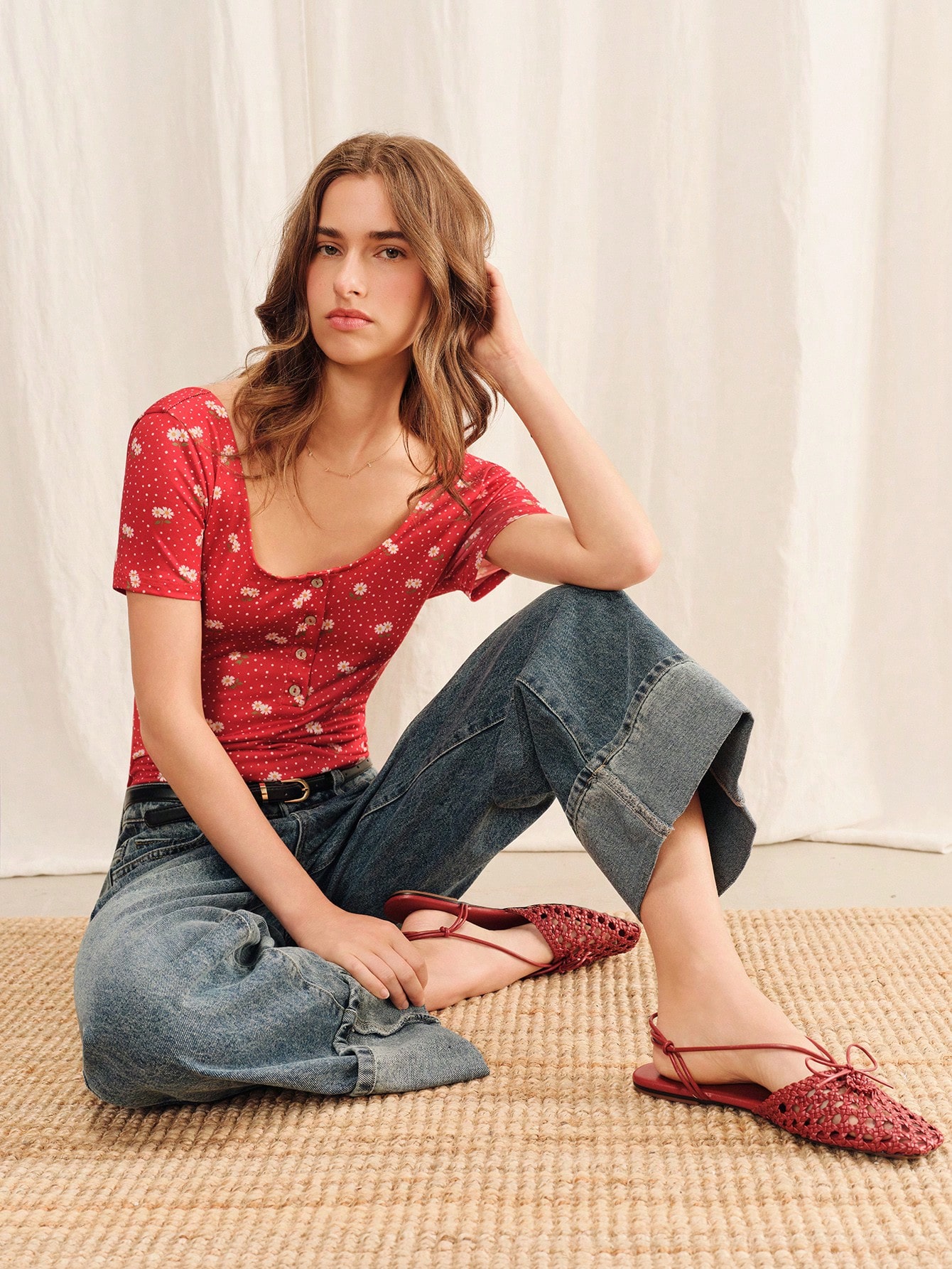 Red Floral Bodysuit With Front Buttons And Short Sleeve Cute Feminine Spring Summer French Style Casual Holiday Outfit