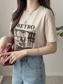 Dazy-Less Loose Fit Short Sleeve T-Shirt With People And Letter Prints Summer,Graphic Tees Preppy Tops - Khaki - View 10