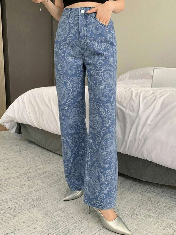 Summer Autumn Spring Blue Dark Base Floral Plant All-Over Print Loose Business Casual Style Office Wear Wide Leg Straight Long Pants Women's Jeans