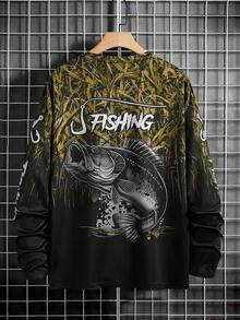 Manfinity LEGND Áo sơ mi câu cá dài tay nam kiểu dáng thường ngày - In hình cá 3D, cổ tròn, chất liệu polyester, phối màu đen và xanh gradient, lý tưởng cho các hoạt động ngoài trời, phụ kiện câu cá. - Nhiều màu - Xem 2