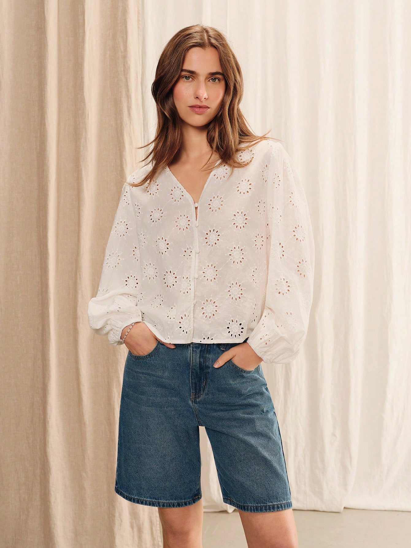 White Oversized V Neck Broidery Anglaise Blouse With Batwing Sleeves Boho Spring Summer Holiday Top Cotton Casual Top White Cotton Top Cute Summer Top Flower Embroidered Top