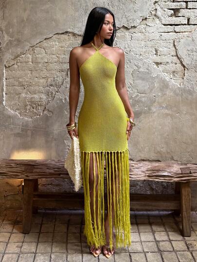 SHEIN BAE Sexy Lace-Up Halter Elastic Knit Tassel Bodycon Backless Dress, European And American Ins Style