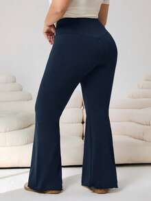 Solflare Pantalones acampanados de talla grande con cintura elástica en V de unicolor - Azul Marino - Ver 2