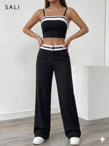 Conjunto para Mujer Pantalón Pierna Recta y Top Strapless con Cintas Decorativas. - Negro - Ver 4