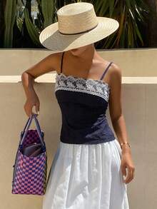 DAZY Contrast Lace Fitted Cropped Casual Basic Vacation Beach Swimming Summer Women Vest White School - Blue - View 4