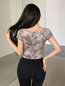 Camiseta de manga larga ajustada con hombro asimétrico y plisado asimétrico para mujer - Multicolor 3 - Ver 5