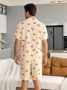 CoupledUp Striped Cherry Print Lapel Short Sleeve Shorts Men's Pajama Set - Yellow - View 2