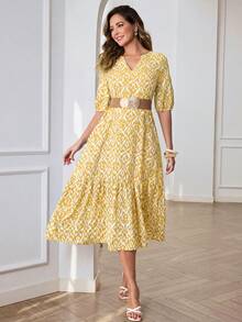 Miaspire Đầm nữ phong cách Bohemian, in họa tiết toàn thân, cổ chữ V, tay phồng, thích hợp cho kỳ nghỉ hè. - Màu vàng - Xem 6