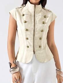 LYSMO 2026 New Minimalist Spring/Summer Women's Vintage Stand Collar Jacket, Suitable For Commuting, White - White - View 4