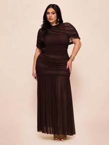 SHEIN BAE Plus Size Women's Green Extra Long Wrap Style Dress, Vacation Dress - Coffee Brown - View 3