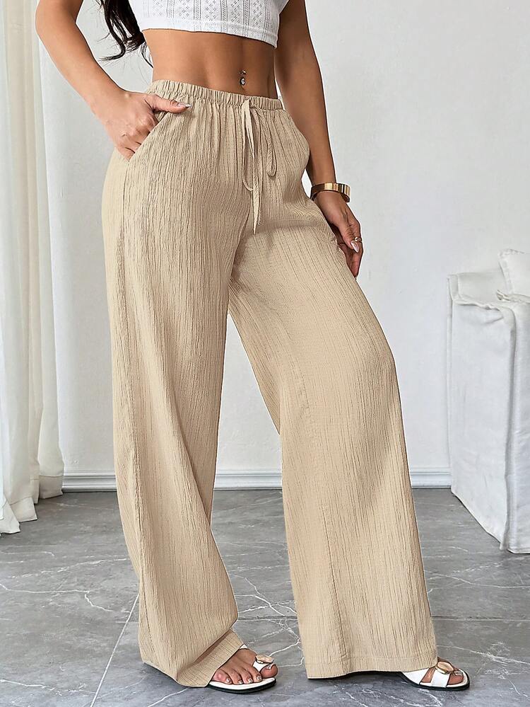 SHEIN Tall Quần ống rộng dáng suông màu trơn, thoải mái, thích hợp cho nữ đi nghỉ mát và đi làm, có túi hai bên. - Vàng nhạt - Xem 6