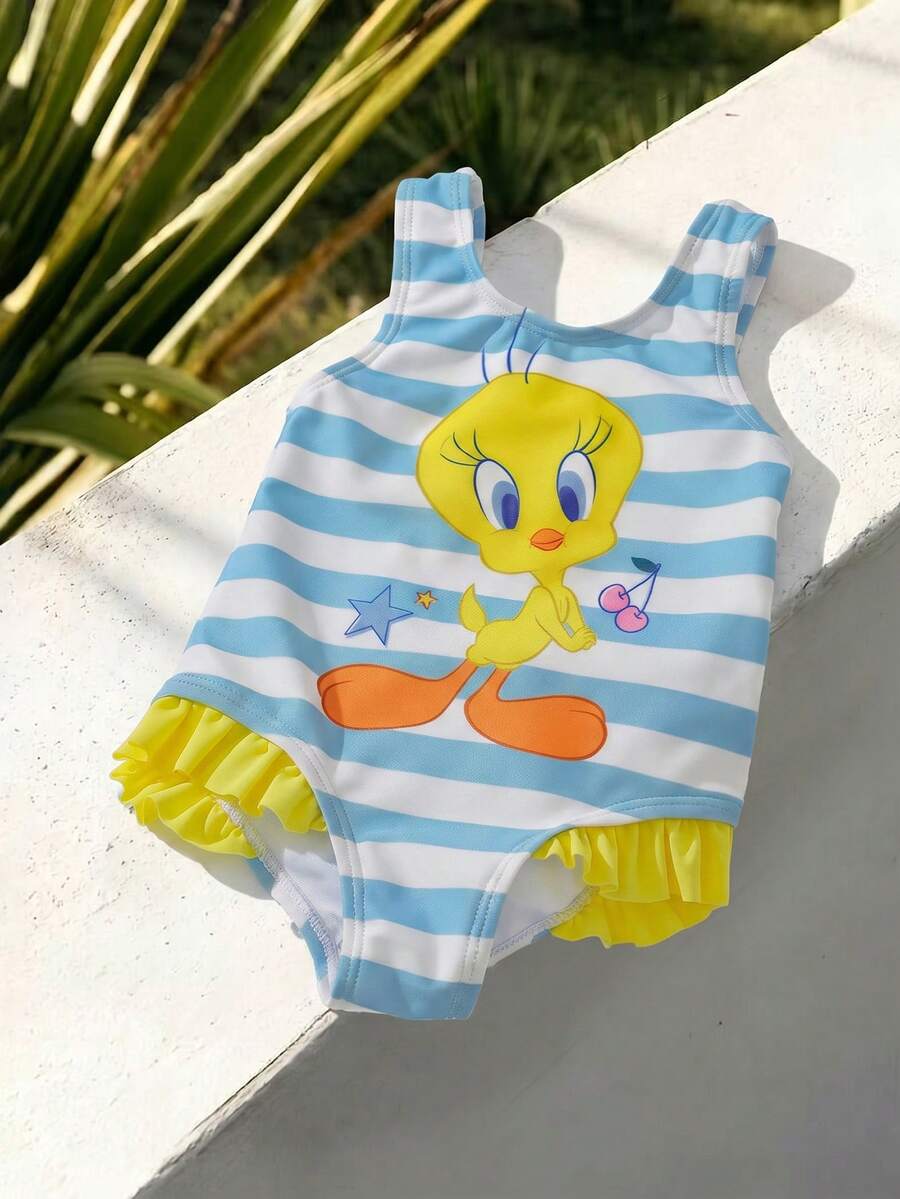 LOONEY TUNES X SHEIN Bộ đồ bơi liền thân cho bé gái họa tiết vịt hoạt hình dễ thương, kẻ sọc. - Màu vàng - Xem 1
