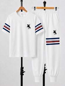 Teen Boy Casual Minimalist Short Sleeve Crew Neck T-Shirt And Pants Set,White,Summer,Street Life Casual Graphic Street Fashion,Streetwear Outfits - Multicolor - View 4