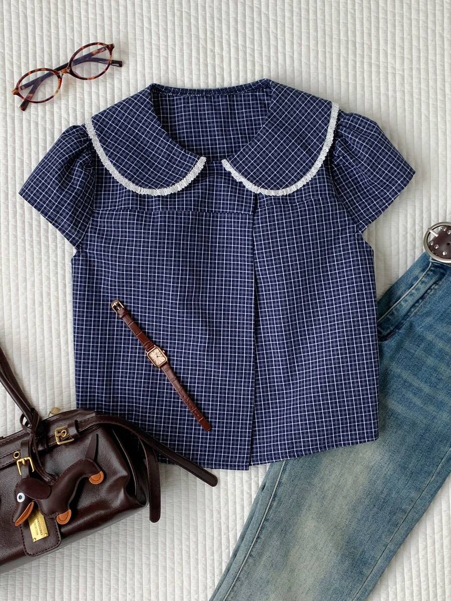 Comfortcana Áo sơ mi nữ kẻ caro, kiểu dáng thường ngày, đa năng. - Xanh và trắng - Xem 1