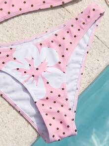 Swim Mod 2pcs/Set Women White Fashionable Cute Beach Golf Outfit, Floral Polka Dot Print Adjustable Spaghetti Strap Bikini Top, Summer Casual Sexy Holiday - Multicolor - View 5
