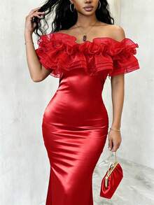 SHEIN Raffinéa Vestido de sirena ajustado de unicolor elegante con parches de satén, hombros descubiertos y malla brillante para mujer, primavera/verano - Rojo - Ver 4
