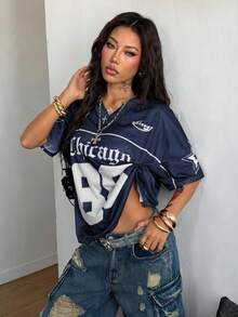 Coolane 女士春夏Y2K街头复古透气网眼印花数字图案足球T恤 - 藏蓝色 - 查看 3