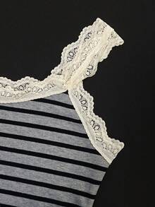 Glimmora Áo camisole nữ phối ren kẻ sọc tương phản, kiểu dáng thường ngày. - Xám - Xem 3