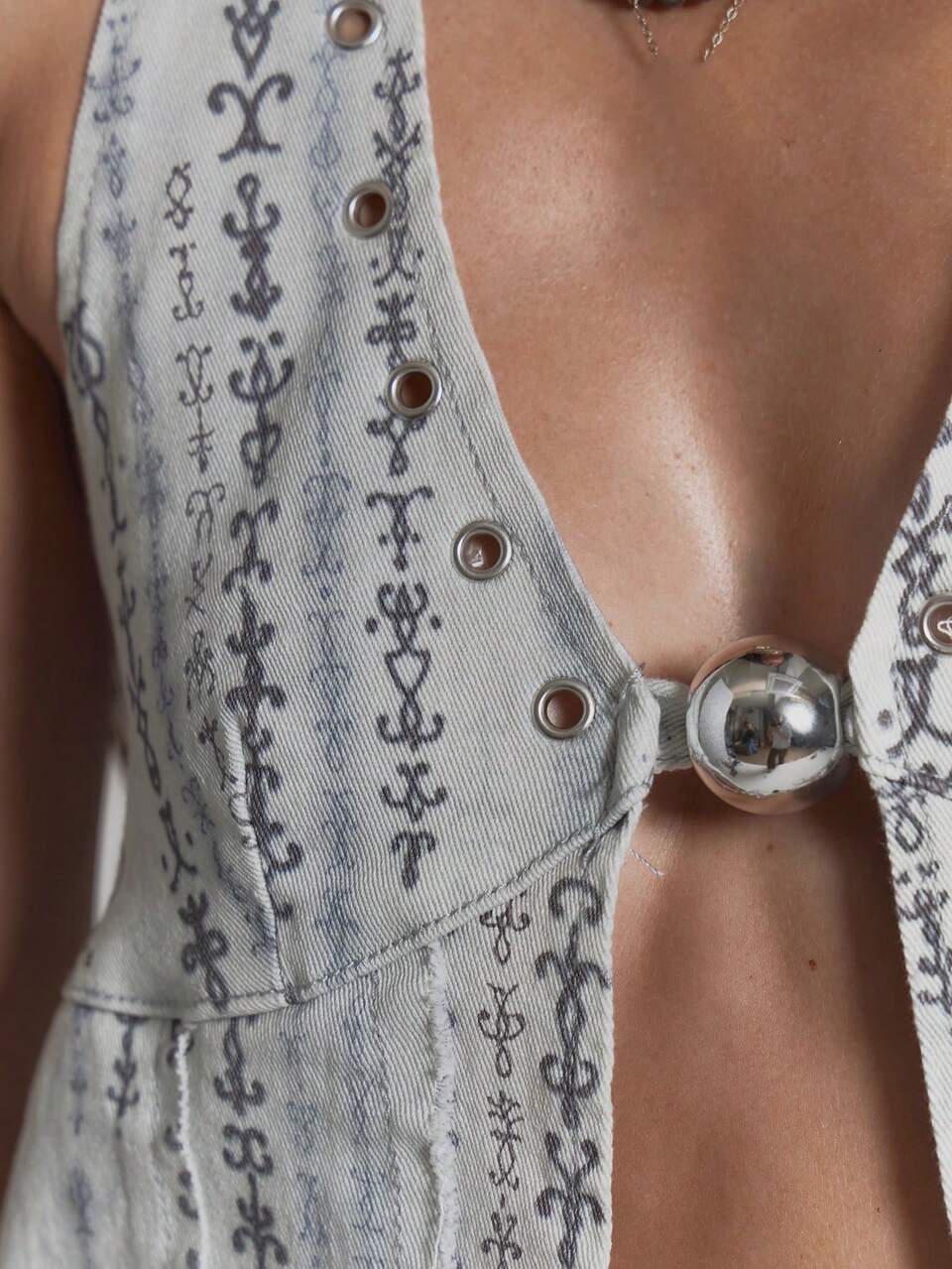 Grey Washed Denim Printed Frayed Edge Halterneck Top