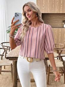 EMERY ROSE Women's Casual Commuter Printed Lantern Sleeve Shirt,Summer Top - Multicolor - View 7