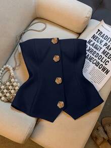 Franclia Women's Floral Button Decor Camisole Top, Suitable For Daily Commute In Summer - Navy Blue - View 3