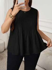 SHEIN LUNE Plus Size Solid Color Round Neck Pleated Casual Versatile Tank Top, Suitable For Summer - Black - View 7