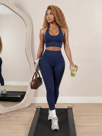 BamGleam Conjunto deportivo de top halter y pantalones de unicolor minimalista para uso diario de mujer