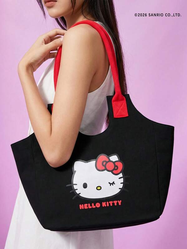 HELLO KITTY AND FRIENDS | Joivida 黑色托特包 – 红色手柄可爱购物手提包