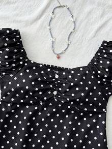 SHEIN 适合少女日常穿着的休闲舒适波点背包衬衫 - 黑色 - 查看 3