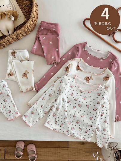 SHEIN 4件套少女可爱卡通熊和花卉图案荷叶边圆领短袖长裤舒适休闲针织睡衣套装