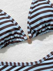 SHEIN Bộ bikini hai dây kẻ sọc nhiều màu sắc dành cho thiếu nữ, thích hợp cho kỳ nghỉ hè ở bãi biển. - Nhiều màu - Xem 3