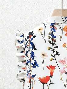 SHEIN Franclia Áo kiểu Pháp cổ điển mùa hè in hoa, viền bèo nhún, cài cúc phía trước. - trắng - Xem 4
