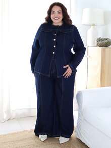 Pretty and Ole Plus Size Women Metal Single-Breasted Denim Shirt And Wide-Leg Pants Casual 2 Pieces Set - Dark Wash - View 1