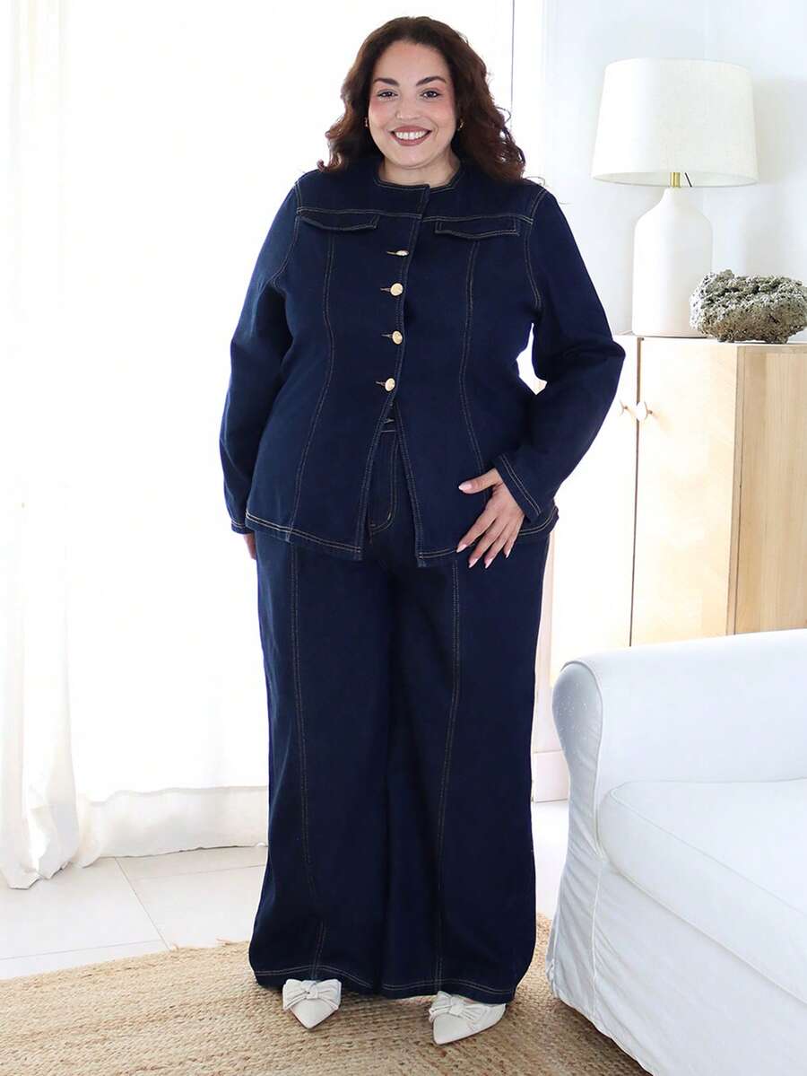 Pretty and Ole Plus Size Women Metal Single-Breasted Denim Shirt And Wide-Leg Pants Casual 2 Pieces Set - Dark Wash - View 1
