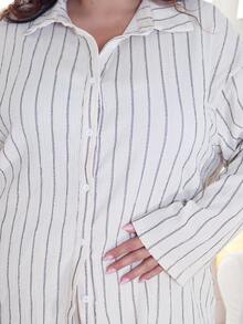 Pretty and Ole Plus Size Casual Minimalist Basic Striped 2 Pieces Set, Loose Fit Elegant - Apricot - View 3