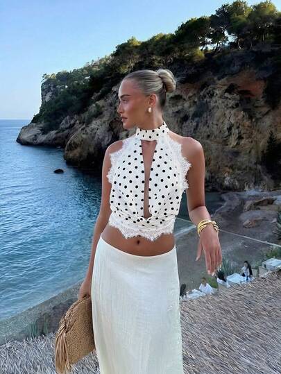 Aloruh Women's Romantic Solid White Plunging Neck Backless Lace Patchwork Draped Camisole