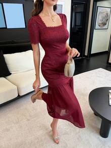 Modelyn Đầm midi dáng ôm, cổ vuông, chất liệu ren dệt kim, phối ren, eo xếp ly, thanh lịch dành cho nữ. - Màu Đỏ Sâu - Xem 7