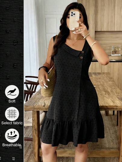  Weeklong Plus Size Women's Asymmetrical Collar Buttoned Textured Fabric Ruffle Hem A-Line Short Sleeveless Dress, Casual Summer Holiday
