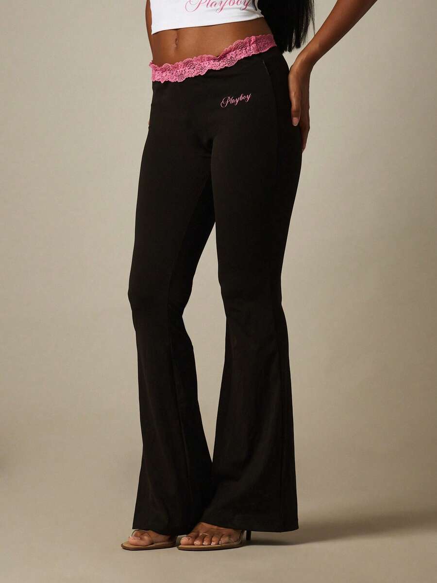 Missguided x Playboy Lace Trim Low Rise Flare Pants With Pink Lace Waistband And Script Logo Detail - Black - View 1