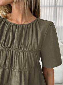 Easowa Women's Solid Color Minimalist Short Sleeve Blouses, Casual Clothes,Summer Top - Army Green - View 6