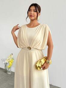 Firerie Bộ jumpsuit nữ cỡ lớn thoải mái, giản dị, thanh lịch, thích hợp cho kỳ nghỉ, tiệc tùng, đi biển, chất liệu lưới xếp ly, co giãn, khóa kim loại, thích hợp cho mùa xuân/hè. - Màu be - Xem 2