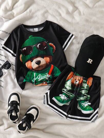SHEIN 2pcs/Set Young Boy Casual Round Neck Short Sleeve Cute Bear Graphic T-Shirt And Printed Sports Shorts Outfit, Suitable For Spring/Summer Daily Wear, Sports, Outing, School, Party, Vacation