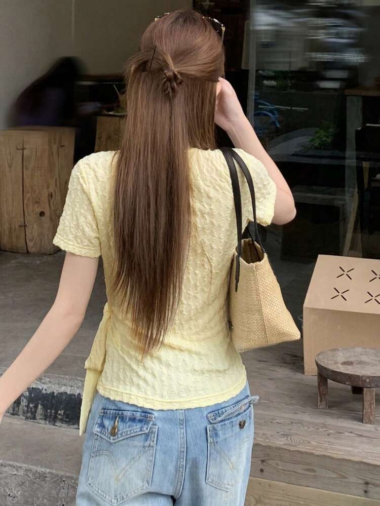 Women's Solid Color Fitted Textured Oblique Collar Tie-Front Round Neck Short Sleeve T-Shirt, Casual Summer Top & Vest