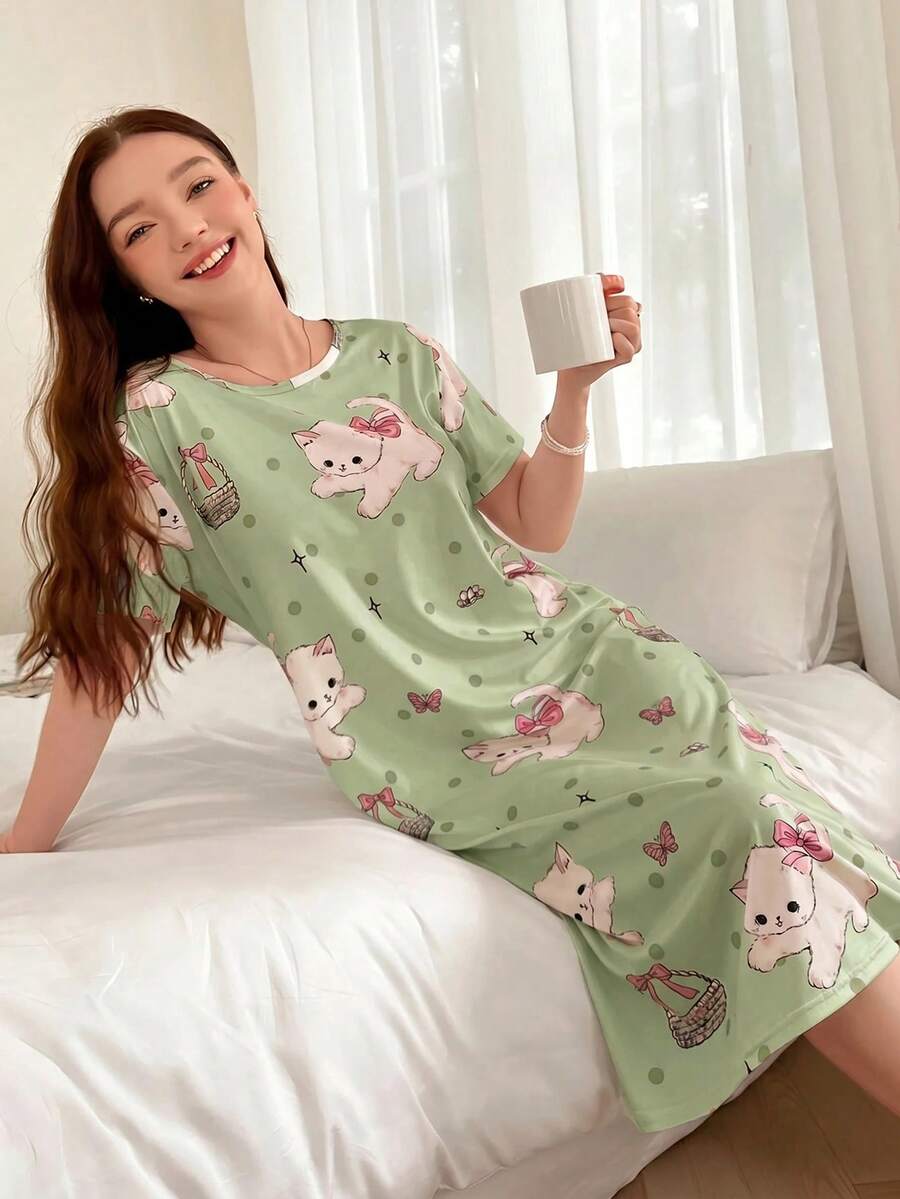 SHEIN 140g 奶絲數碼印花女款睡裙 - 彩色 - 查看 1