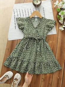Emery Rose Kids Emery Rose Kids Váy thường ngày cổ chữ V họa tiết hoa nhí cho bé gái - màu xanh lá - Xem 3