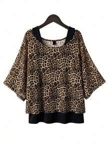 SHEIN Essnce Ensemble deux pièces pour femmes grandes tailles, mode printemps/été décontracté, extensible et confortable. Gilet long noir polyvalent et affinant, avec cache-maillot transparent à imprimé léopard. Tenue de sortie, tenue de travail, style simple, été européen - Tabac - Voir 1
